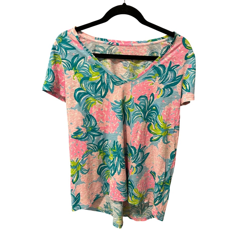 Lilly Pulitzer Etta V-Neck Tee Pink Blue Tropical Floral Slub Knit Top Large